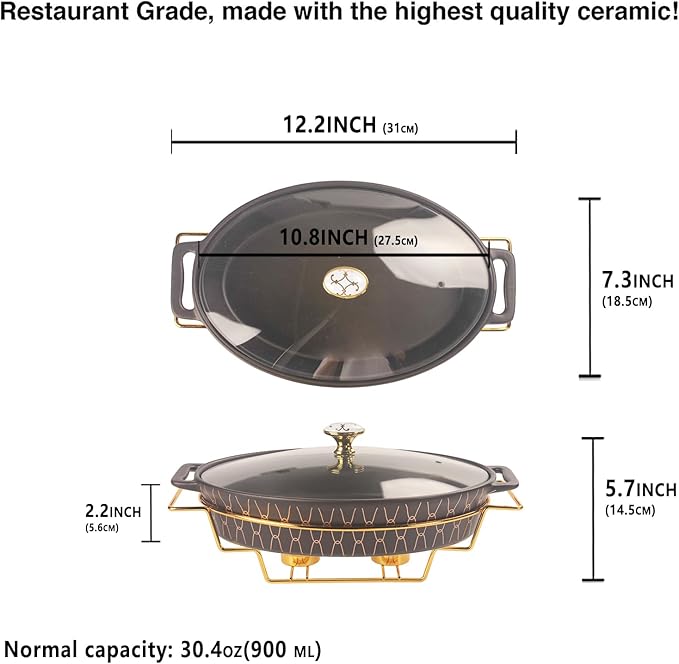 10" x 7" Ceramic Oval Casserole Dish with Glass Lid and Gold rack, 30 Ounce Serving Soup