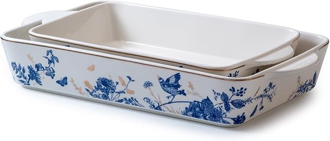 Baking Pans Set of 2 Blue flower 14 inch Ceramic for Oven Large Casserole Baking Dish Set with