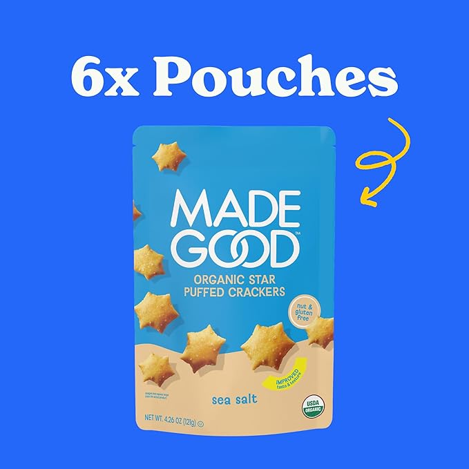 MadeGood Star Puffed Crackers, Sea Salt, 6 Bags (4.26oz Each) Gluten Free and Organic, Healthy
