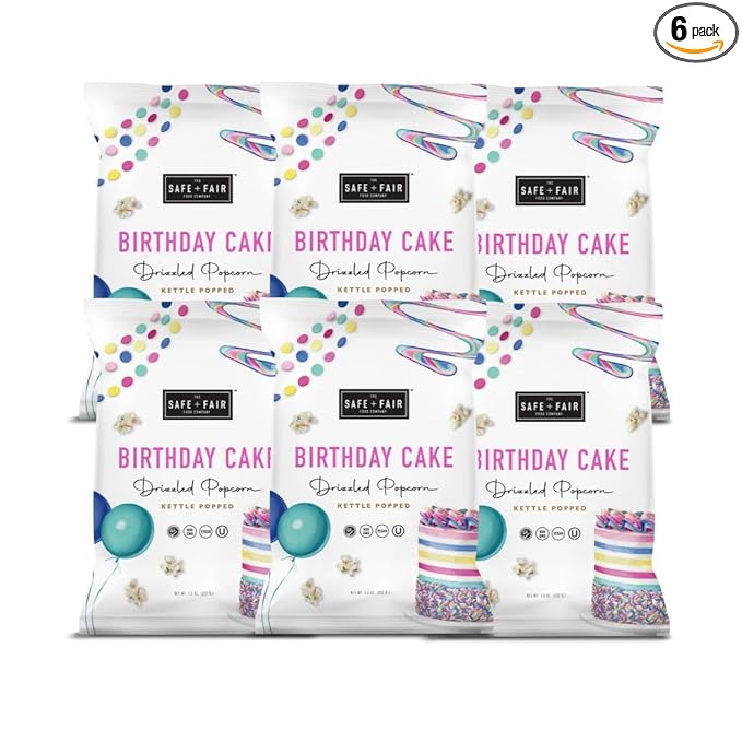 Safe + Fair Birthday Cake Drizzled Popcorn - Gluten-Free, Dairy Free and Vegan Snack - Free From