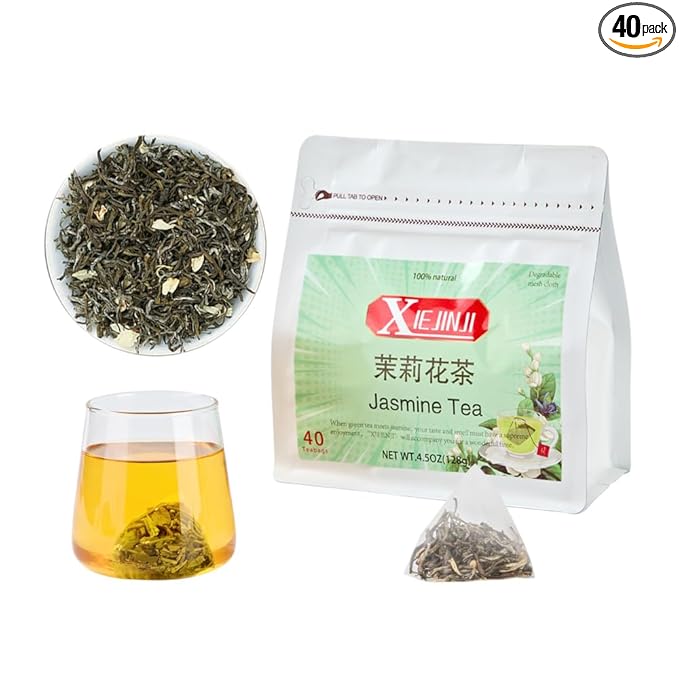 XIEJINJI Jasmine Tea, Premium Jasmine Green Teabags, Fragrant Floral Scent, 3.2g x 40 Count, Low