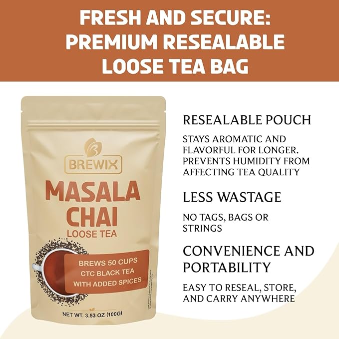 BREWIX, Masala Chai Tea Loose Leaf CTC TEA (50+ Cups, 3.53oz/100g) Strong Robust & Aromatic, All