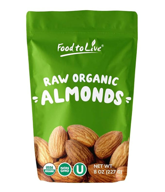 Food to Live - Organic Imported Raw Almonds, 8 Ounces Non-GMO, Whole, Raw, No Shell, Unpasteurized