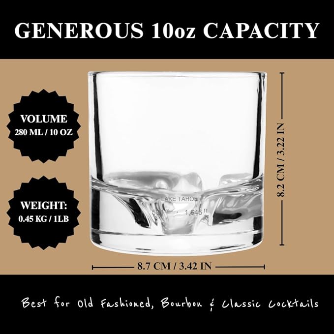 Lake Tahoe Heavy Crystal Whiskey Glasses Gift Set of 2, Thick Freezable Bourbon Glass 1lb Each
