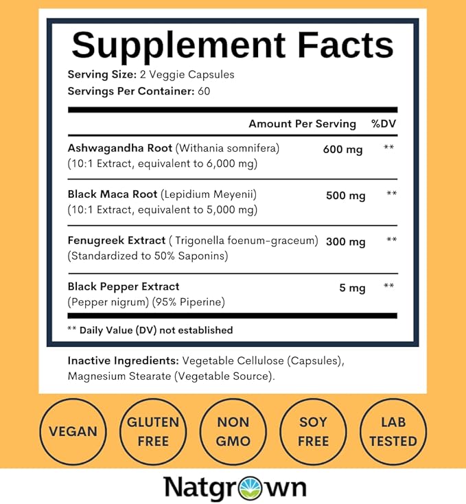 Natgrown Ashwagandha Maca Root Fenugreek Extract Capsules Supplement for Men & Women - Vegan Pills