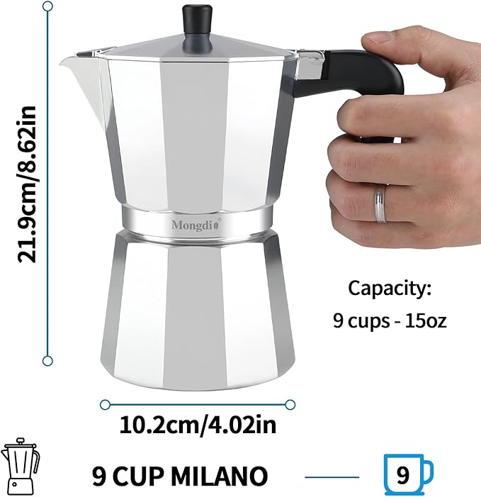 Mongdio Stovetop Espresso Maker Moka Pot, Stove Top Cuban Coffee Maker, Italian Greca Mocha Pot, 9