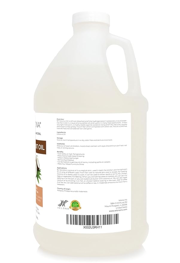 velona Coconut Oil 92 Degree 1 Gallon / 128 Fl Oz | 100% Pure and Natural Carrier Oil | in jar |