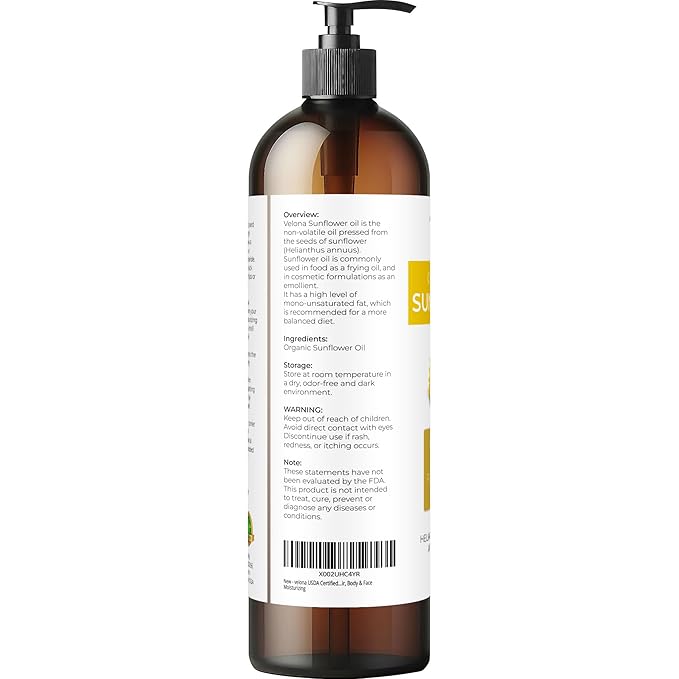 velona USDA Certified Organic Sunflower Oil - 8 Fl Oz | 100% Pure and Natural Carrier Oil | High