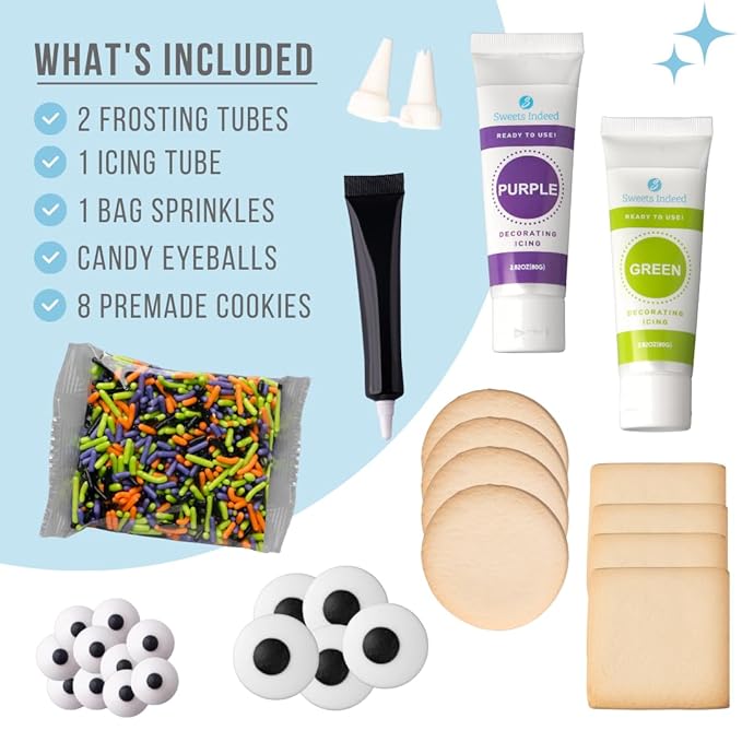 Sweets Indeed Monster Cookie Decorating Kit ??14.59 oz Halloween Cookie Kit with 8 Cookies, 2