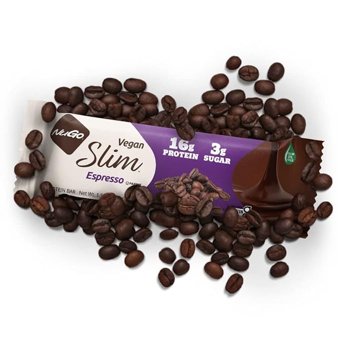 NuGo Slim Dark Chocolate Espresso, 16g Vegan Protein, 3g Sugar, 7g Fiber, 170 Calories, Low Net