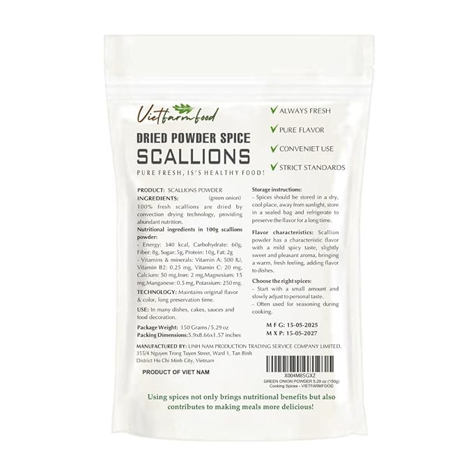 SCALLION POWDER 5.29 Oz (150g) VIETFARMFOOD: Pure, natural freeze-dried spice made from real
