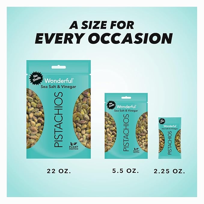 Wonderful Pistachios No Shells, Sea Salt & Vinegar Flavored Nuts, 2.25 Ounce Bag (Pack of 8)