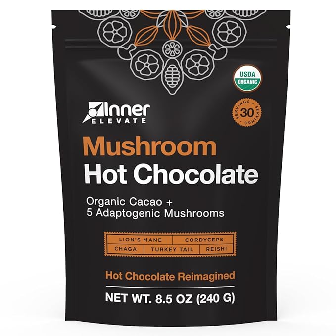 Inner Elevate Mushroom Hot Chocolate Superfood - Ceremonial Cacao with 5 Mushrooms (Lion's Mane