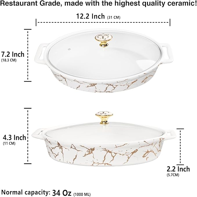 10" x 6" Ceramic Casserole Baking Dish With Glass cover, Lasagna Pan Deep for Oven, 34 ounce Baking