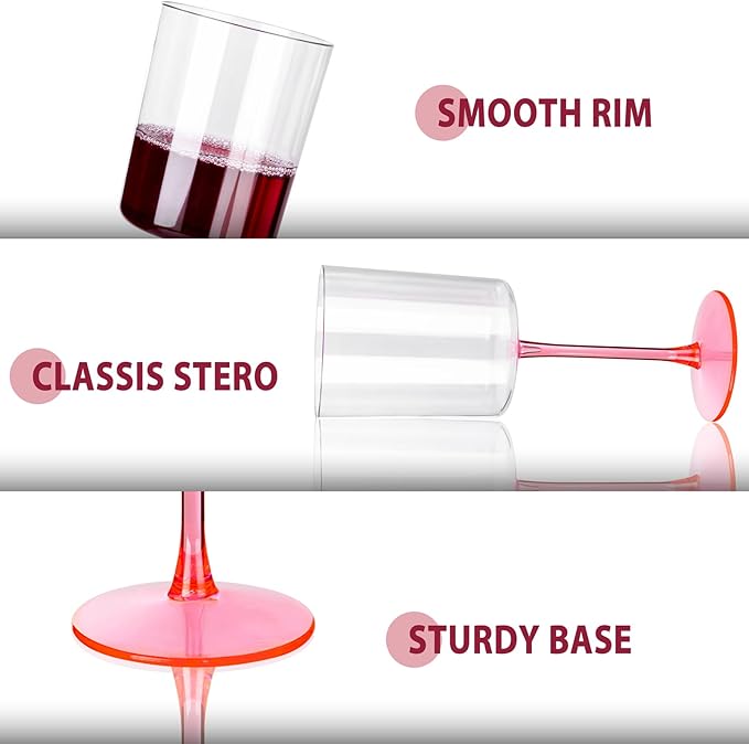Ciaell 12 Pack 10 Oz Clear Plastic Wine Glasses with Pink Stem - Disposable Cocktail Goblets