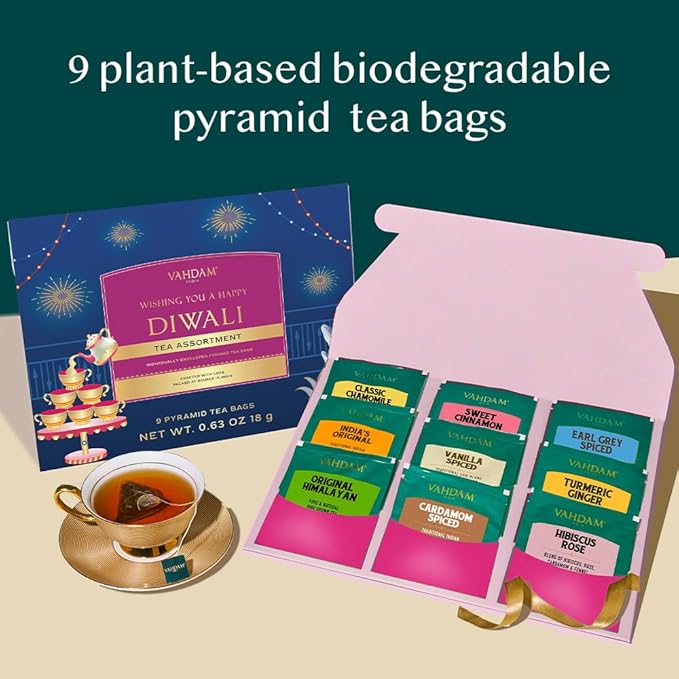VAHDAM, Limited Edition - Happy Diwali Gift Basket | 9 Delicious Variety Pyramid Tea Bags | Perfect