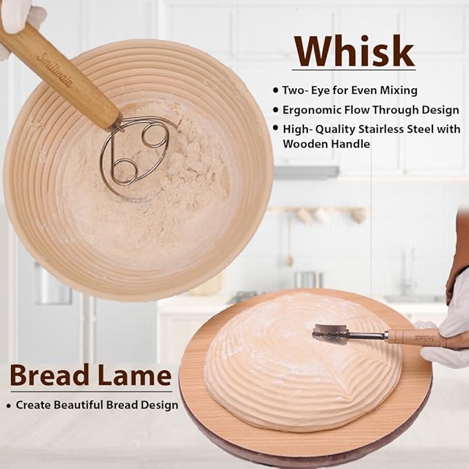 Round Banneton Bread Proofing Basket with Linen Liner, 9??Bread Basket with 6 Essential Bread