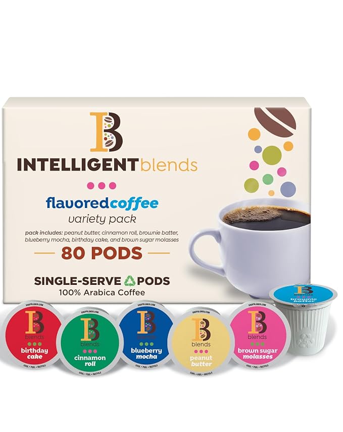 Intelligent Blends Flavored Coffee Pods Variety Pack, 80 ct, 6 Assorted Flavors, Recyclable Single