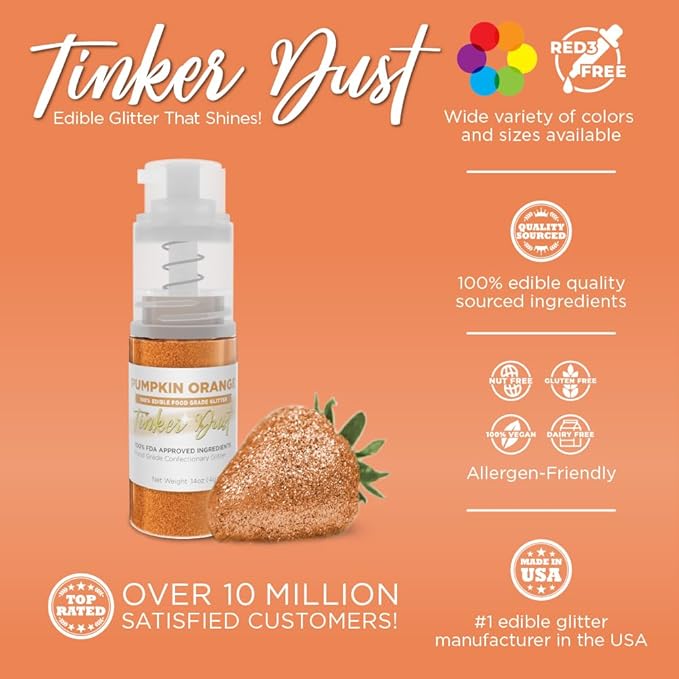 Bakell - Pumpkin Orange Tinker Dust (4g, 1x Mini Spray Pump) Edible Glitter for Food, Desserts, and