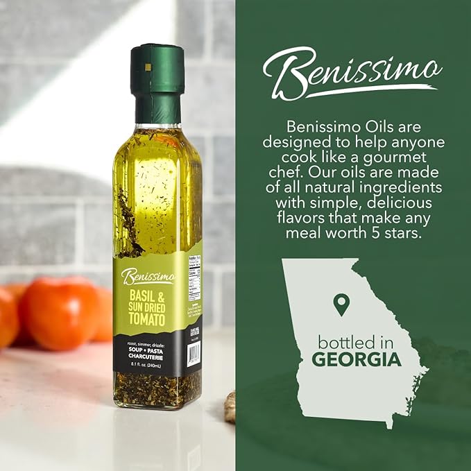 Benissimo Basil and Sun Dried Tomato Herb Infused Oil, All Natural Gourmet Cooking Oil with