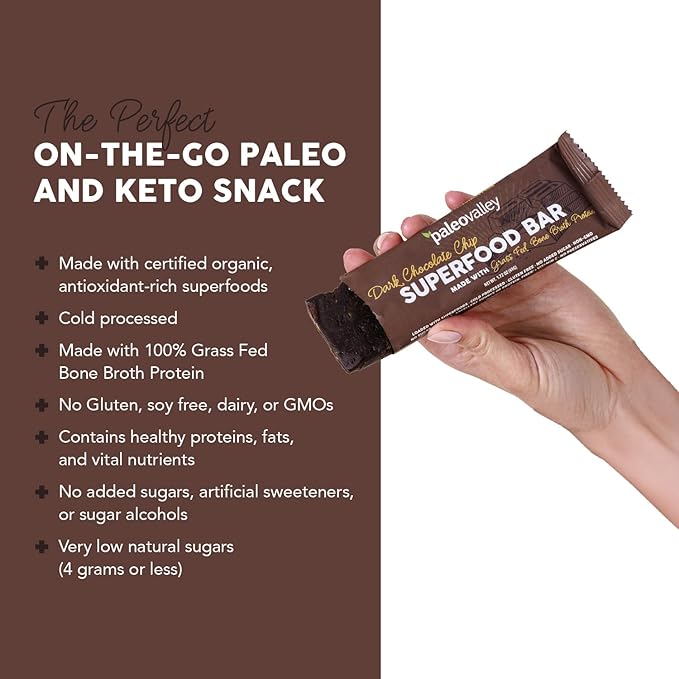 Paleovalley Superfood Bars – Dark Chocolate Chip– 12 Pack – 9g Protein per Bar – Gluten-Free