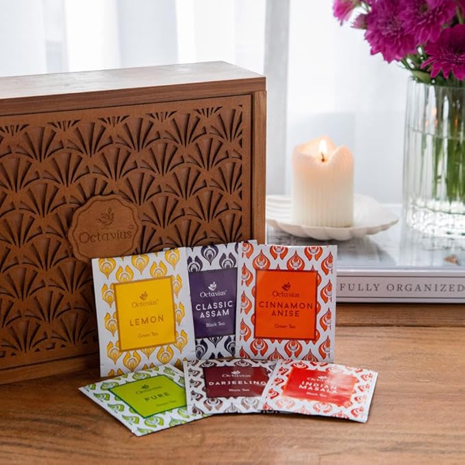 Octavius Tropical Palm Cutwork Wooden Tea Sampler Box | Premium Black & Green Tea Gift Set | 6