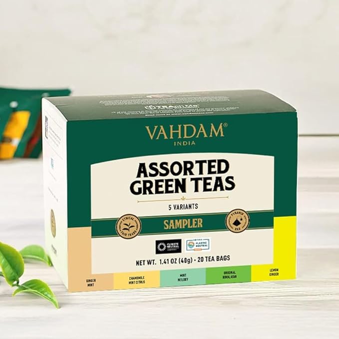 VAHDAM, Assorted Green Tea Bags Sampler (5 Flavors, 20 Ecofriendly Pyramid Tea bags) I Gift Ideas