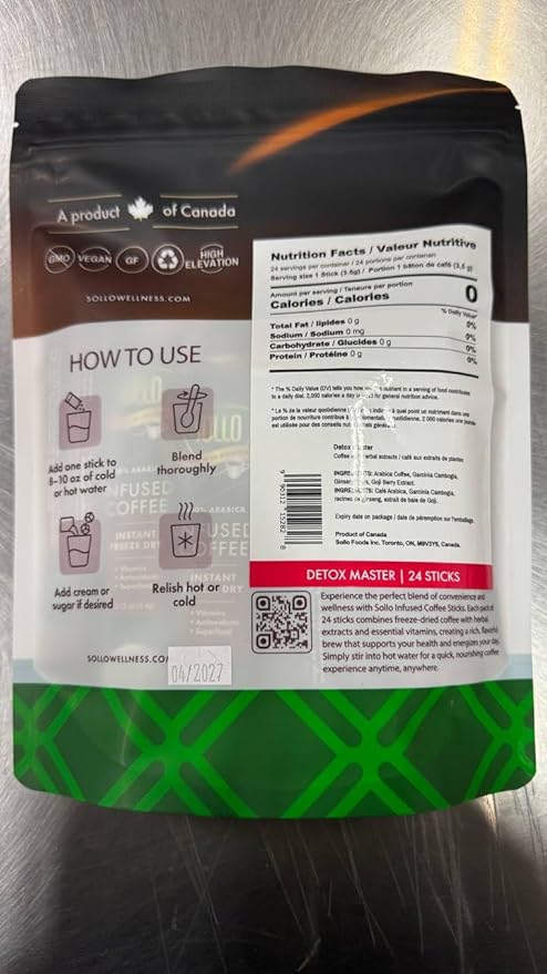 Sollo Detox Infused Instant Coffee Sticks (24 Servings) Weight Loss, Healthy Body Support, Slim