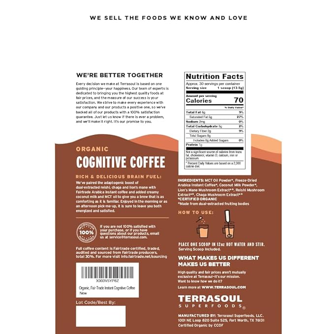 Terrasoul Superfoods Organic Cognitive Mushroom Coffee, 30 Servings, 14.29 Oz, Energize Your