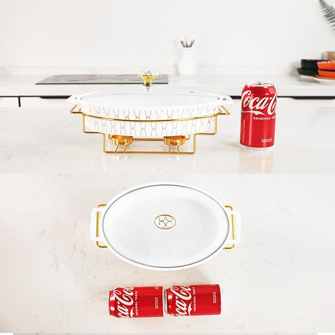 10" x 7" Ceramic Oval Casserole Dish with Glass Lid and Gold rack, 30 ounce Serving Soup