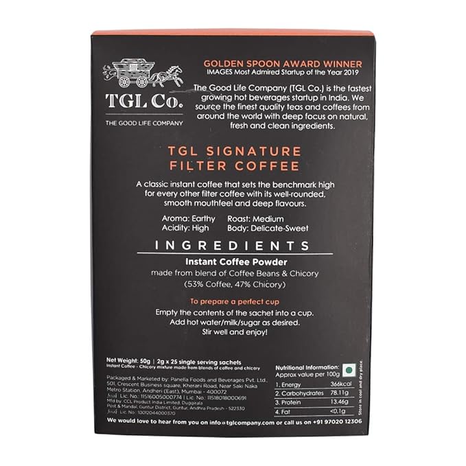 TGL Co. Signature Instant Filter Coffee Sticks (25 Sachets | Pack of 1) |Travel Friendly | Medium