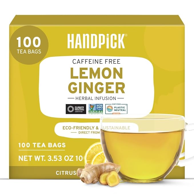 HANDPICK, Lemon Ginger Herbal Tea - 100 Pyramid Tea Bags | 100% Natural Ingredients, Tasty &