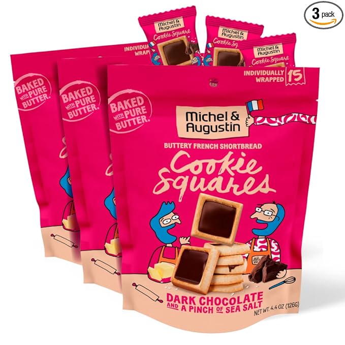 Michel et Augustin Cookies, Individually Wrapped Snacks, 3 Pack, Gourmet Dark Chocolate & Sea Salt