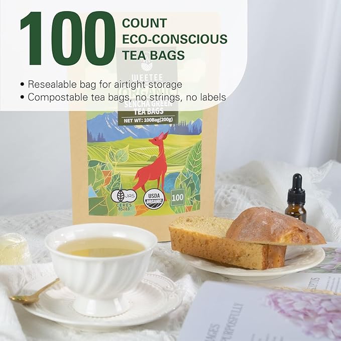 WT WEETEE Organic Sencha Green Tea Bags, Organic Steamed Green Tea 100 Count, Natural Caffeine &