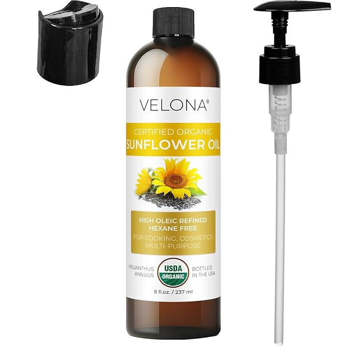 velona USDA Certified Organic Sunflower Oil - 8 Fl Oz | 100% Pure and Natural Carrier Oil | High