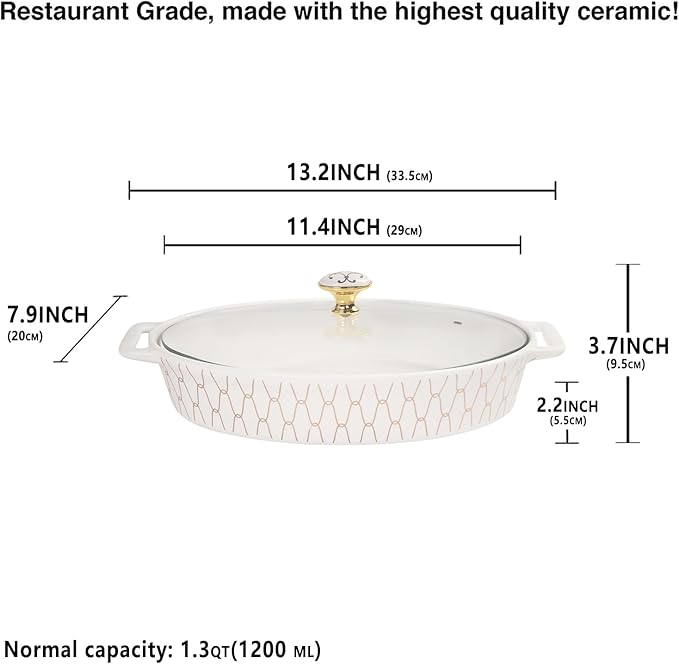 insongdafa 11" x 7.5" Ceramic Oval Casserole Dish with Glass Lid, 1.3 QT Serving Soup