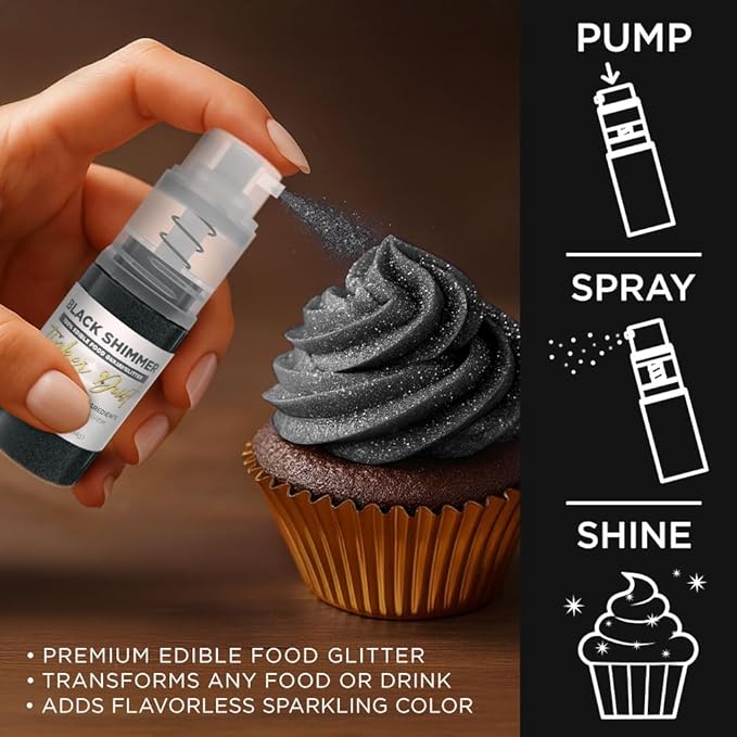 Bakell - Black Tinker Dust (4g, 1x Mini Spray Pump) Edible Glitter for Food, Desserts, and