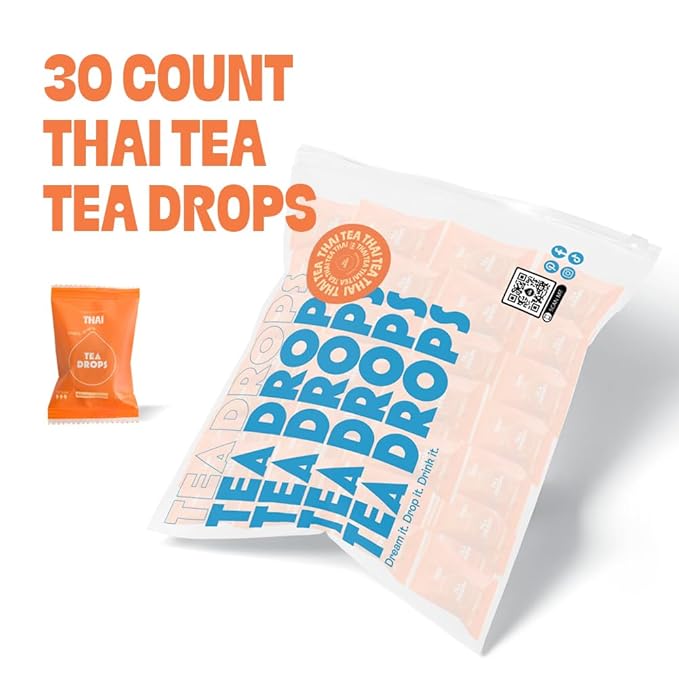 Tea Drops 30 Bulk Pack Thai Tea Bagless Tea - Loose Leaf, Lightly Sweetened, On-The-Go.