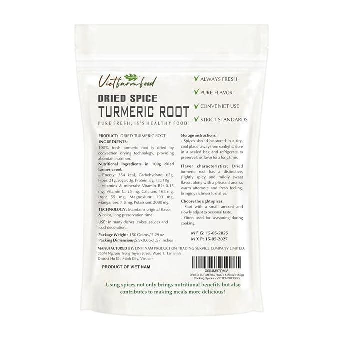 DRIED TURMERIC ROOT 5.29 Oz (150g) VIETFARMFOOD: Natural pure, convection dried seasoning made from