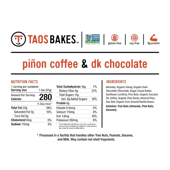 Taos Bakes Snack Bars - Piñon Coffee + Dark Chocolate - Gluten Free, Non-GMO Healthy Granola Bars