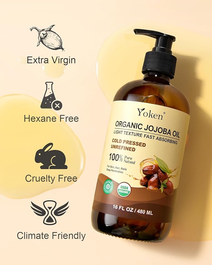 Yoken Organic Jojoba Oil Glass Bottle 16 fl oz, USDA Certified 100% Pure & Natural Jojoba Oil for