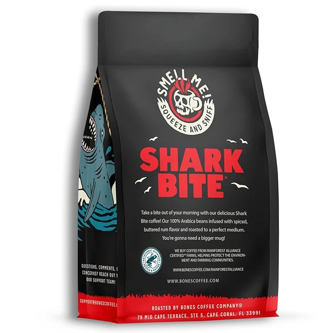 Bones Coffee Company Shark Bite, Buttered Rum Flavored Coffee, Medium Roast Low Acid Arabica Beans