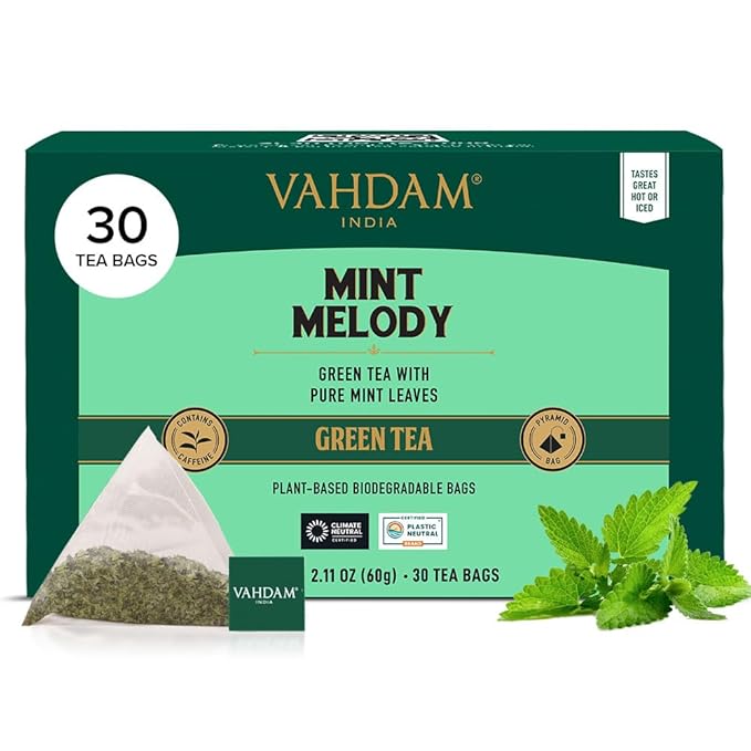 VAHDAM, Mint Green Tea Bags (30 Count) 100% Pure Leaf Tea, High Grown, Low Caffeine, Non GMO