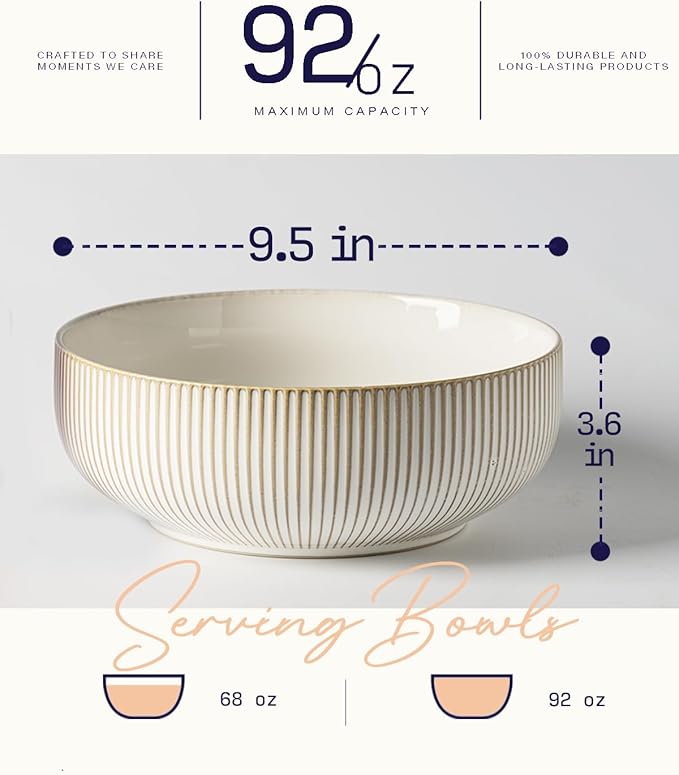 getstar Large Serving Bowls (9.5 inch & 92 fl oz), Ceramic Salad Bowl Set of 2, Microwave and