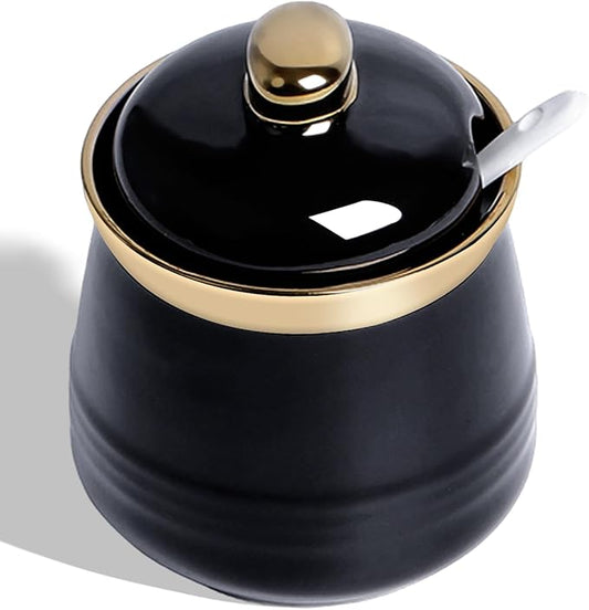 HAOTOP 12oz Sugar Bowl with Lid and Spoon,Simple Ceramic Sugar Jar Sugar Container Sugar Dispenser