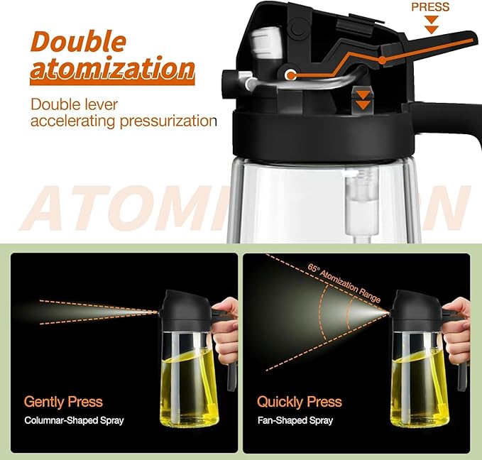 Oil Sprayer for Cooking 2 in 1, 470ml/16oz, Oil Spray & Dispenser Glass Bottle, Food-grade material