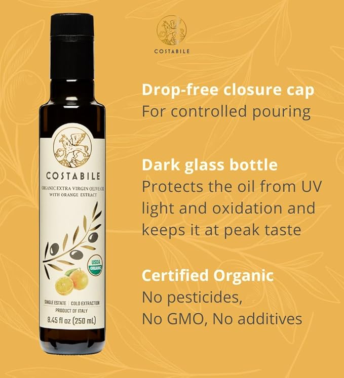 Costabile Orange Infused Olive Oil, Extra Virgin Organic from Italy. Polyphenol rich olive oil