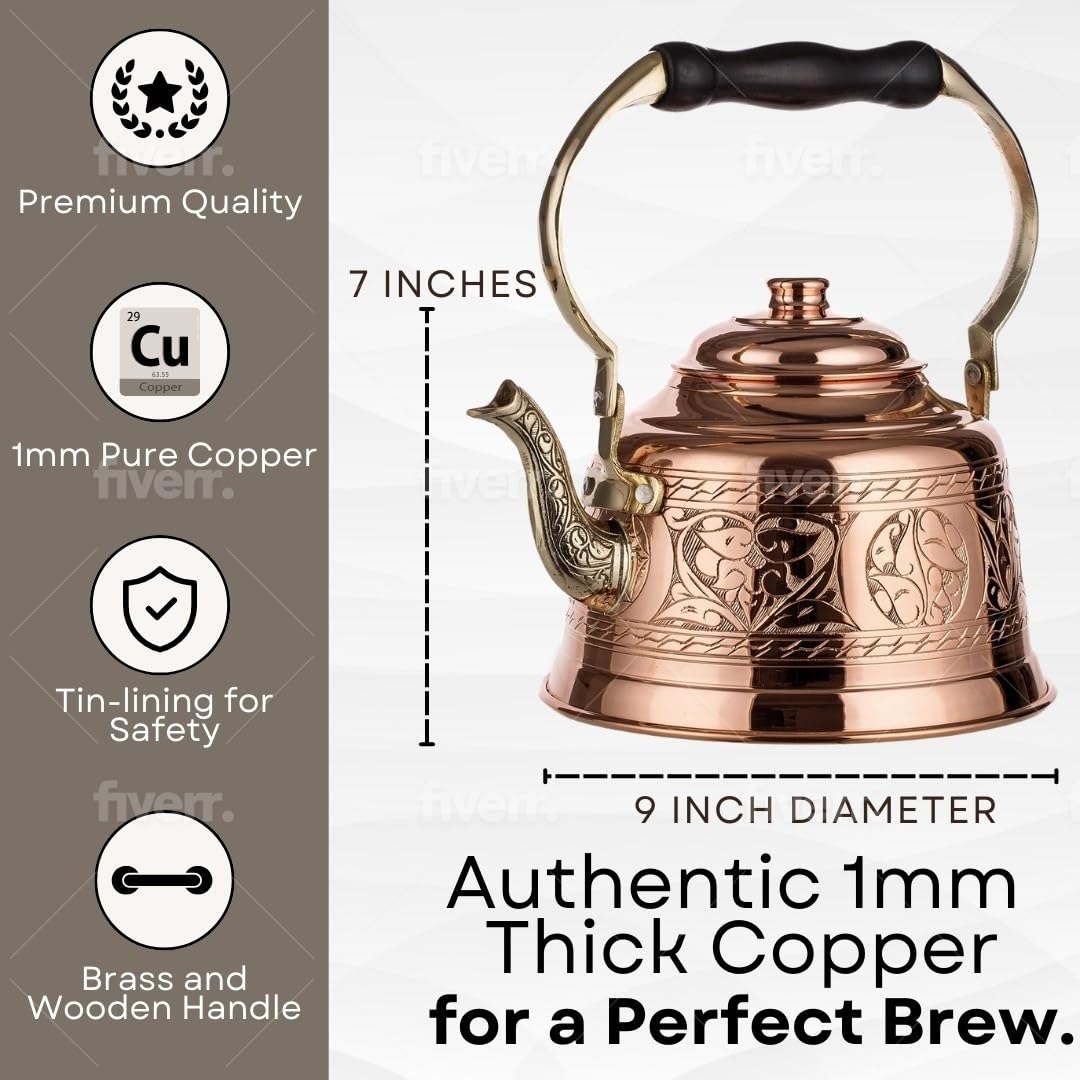 DEMMEX Heavy Gauge 1mm Thick Engraved Solid Copper Tea Pot Kettle Stovetop Teapot, Handmade