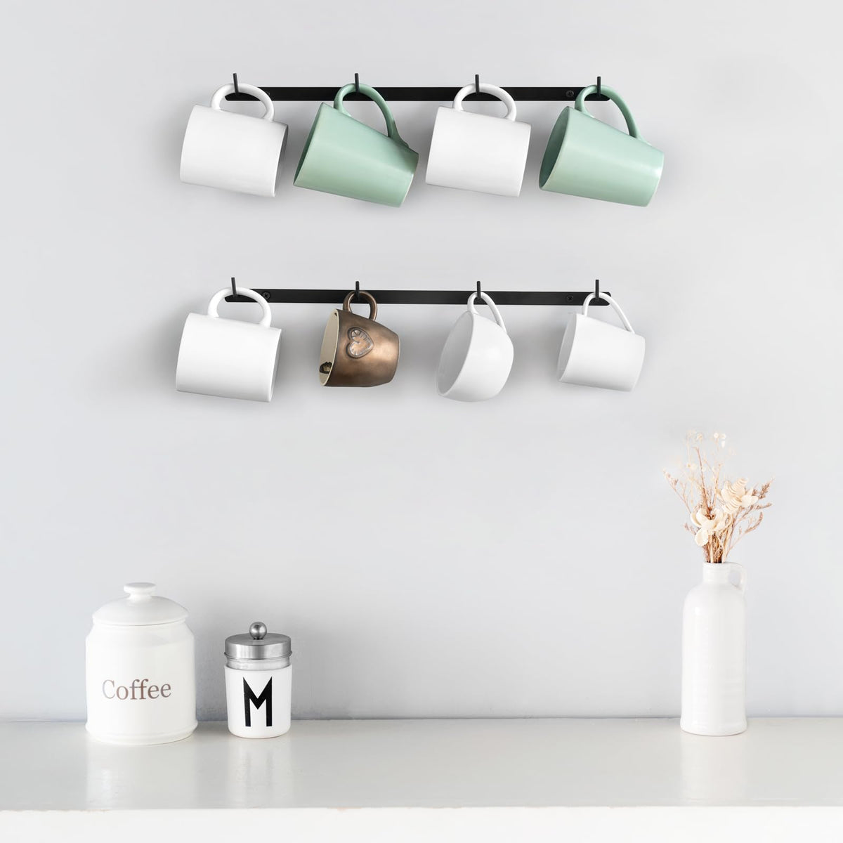 Dahey Mug Rack Wall Mounted Metal Coffee Cup Holder with 12 Hooks, 2 Pack
