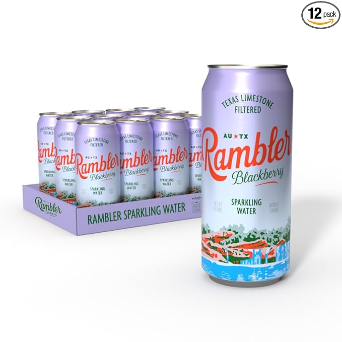 AUTX RAMBLER Sparkling Water, Texas Limestone Mineral Blend, Blackberry Flavor, 16-Ounce Tallboy